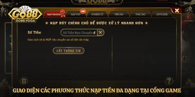 Giao diện các phương thức nạp tiền đa dạng tại cổng game 
